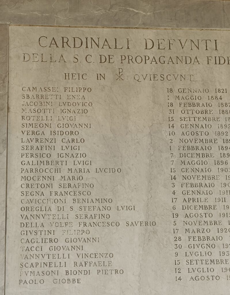 Sacello del collegio di Propaganda Fide lapide Sbarretti